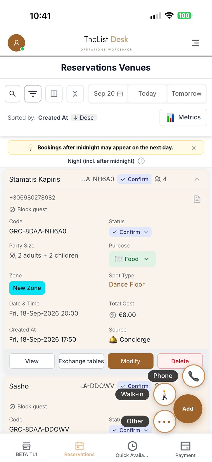 A reservation open on TheList Desk mobile, with view, exchange tables, modify and delete actions