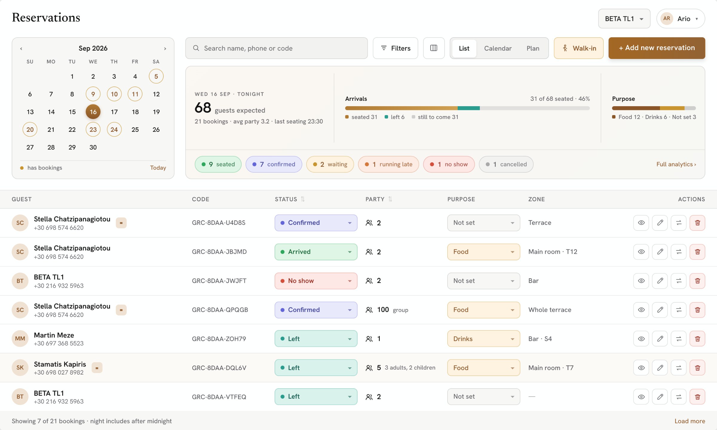 TheList Desk reservation list, showing every booking, status, party size, purpose and zone in one screen