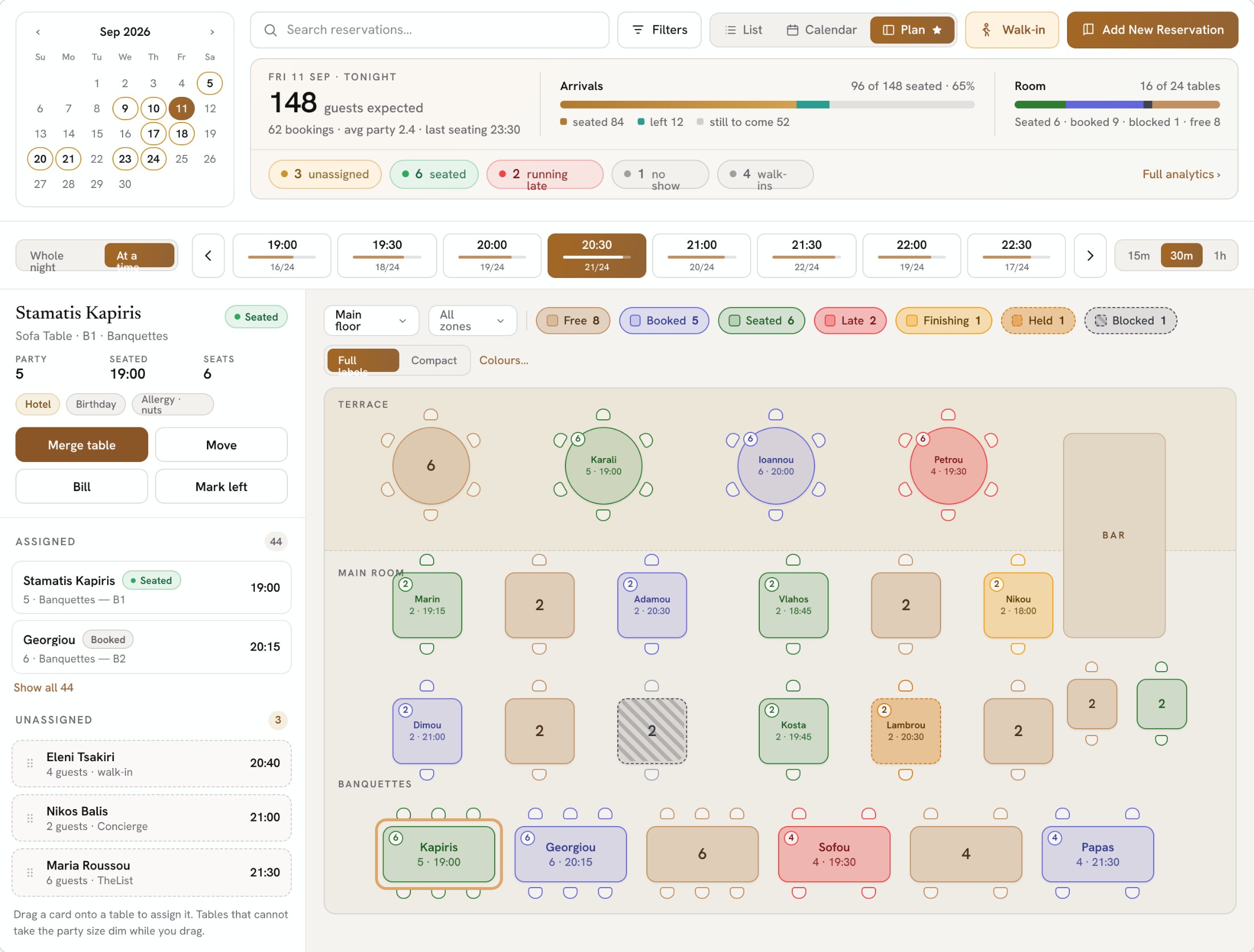 TheList Desk floor plan by time slot, with seated, booked, late and free tables