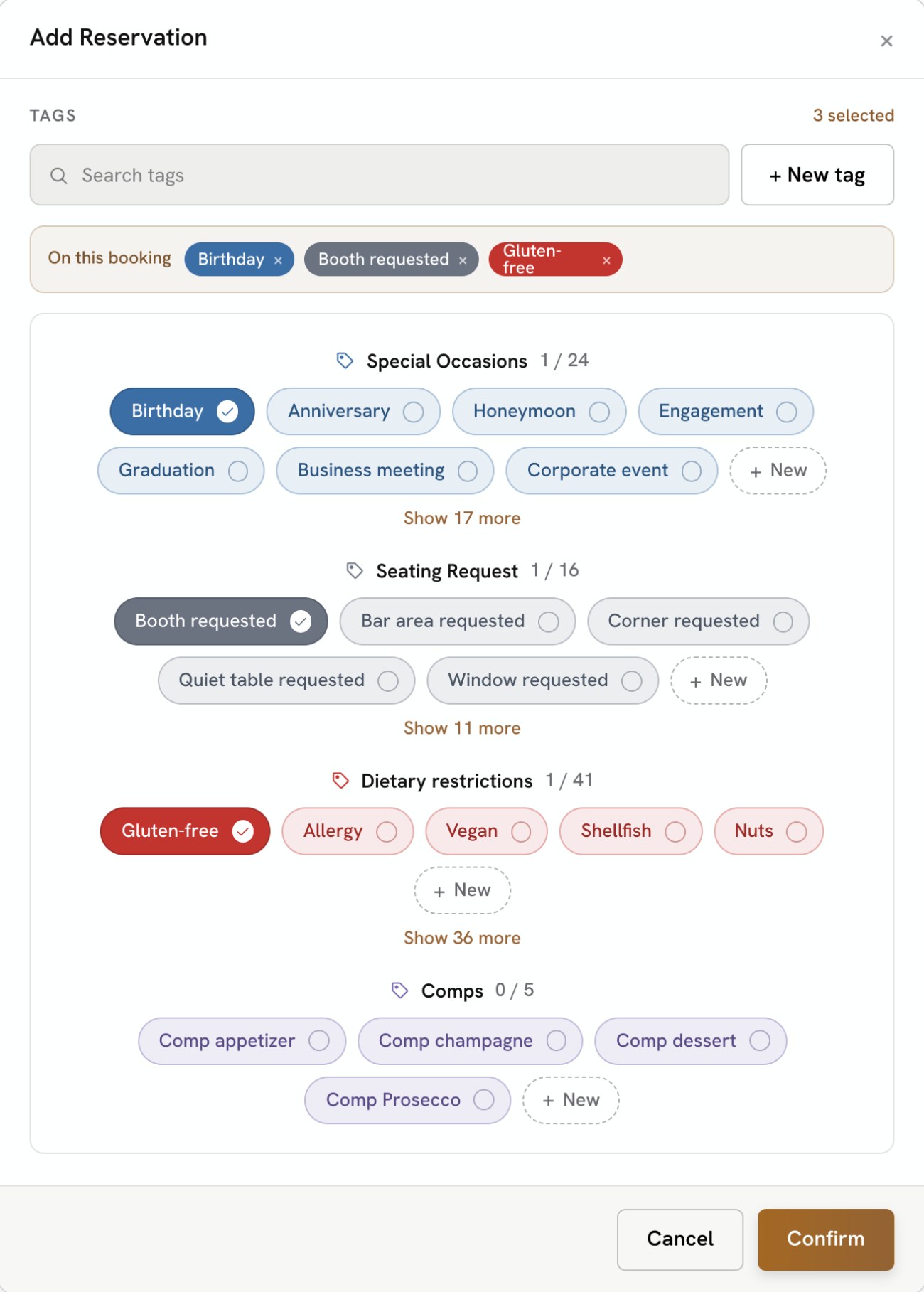 Adding tags to a reservation: special occasions, seating requests, dietary restrictions and comps